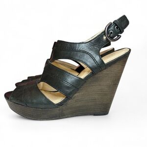 Coach Jazlyn Black Platform Sandals Peep Toe Wedges Stacked Wood Heel Size 9